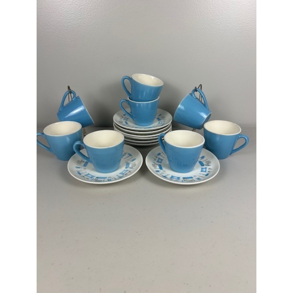 Vintage Mid Century Modern Atomic Kitchen Blue Tea Coffee Cup Saucer Set of Two - Picture 2 of 9
